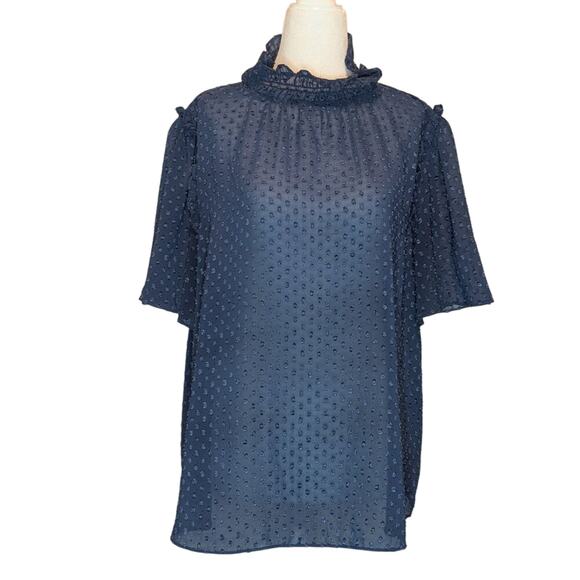 Everleigh Blue Sheer Floral Textured Ruffled Collar Short Sleeve Blouse Large - Picture 1 of 7